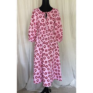 Kitri Womens Dress Size 4 Pink Red Floral Print Cotton Puff Sleeve Smocked Waist